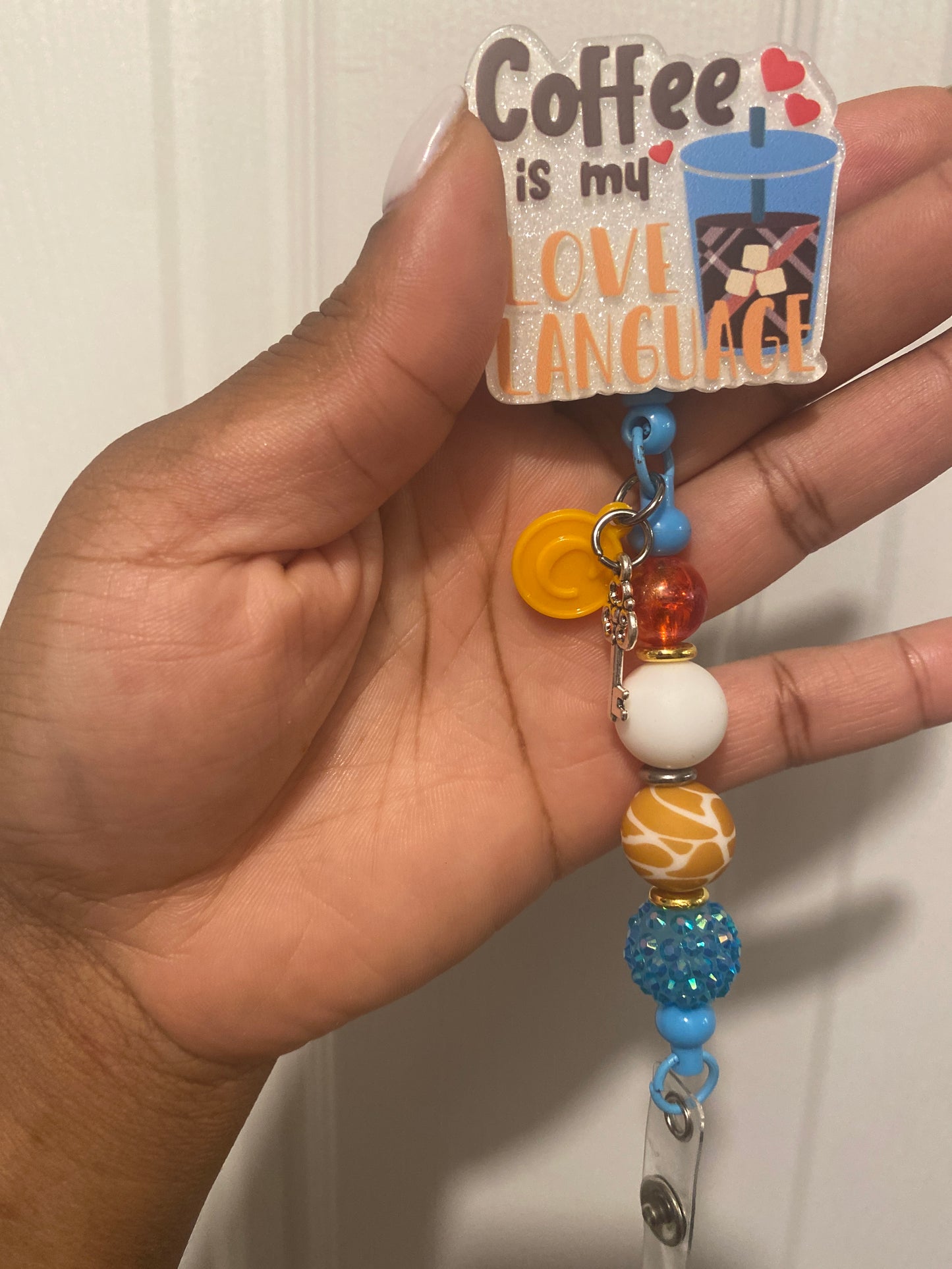 Coffee love language beaded badge reel