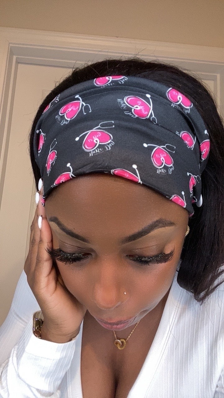 Black headband pink medical heart stethoscope