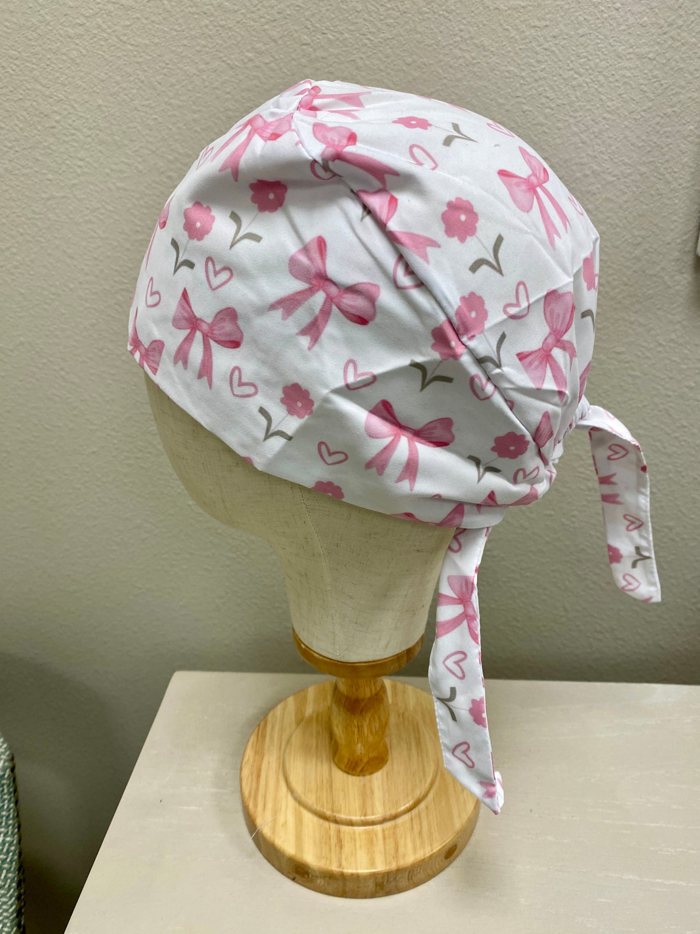 Pink and white bow surgical scrub cap