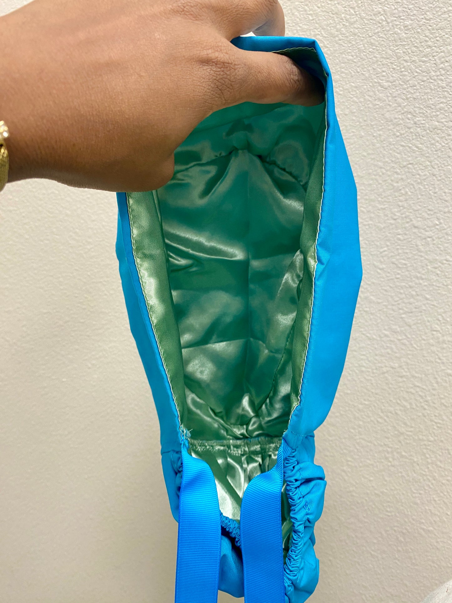Turquoise satin lined surgical scrub cap