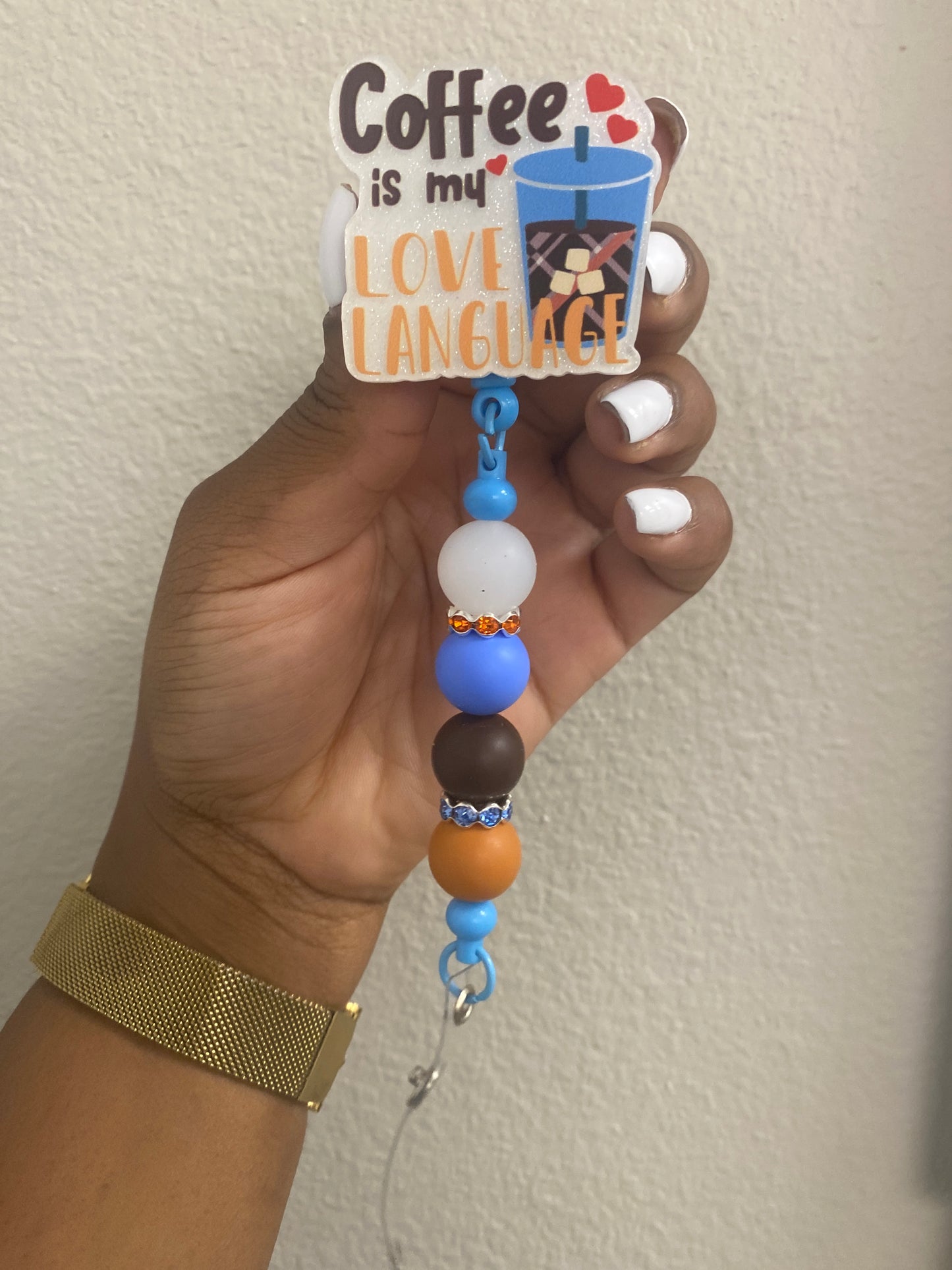 Coffee love language beaded badge reel