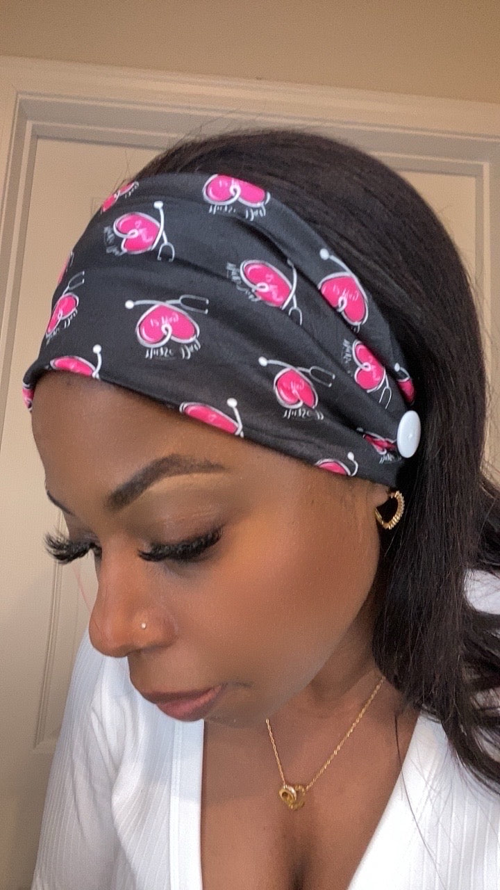 Black headband pink medical heart stethoscope
