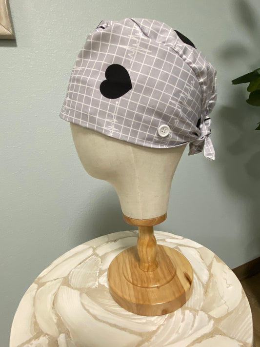 Grey and black heart surgical scrub cap