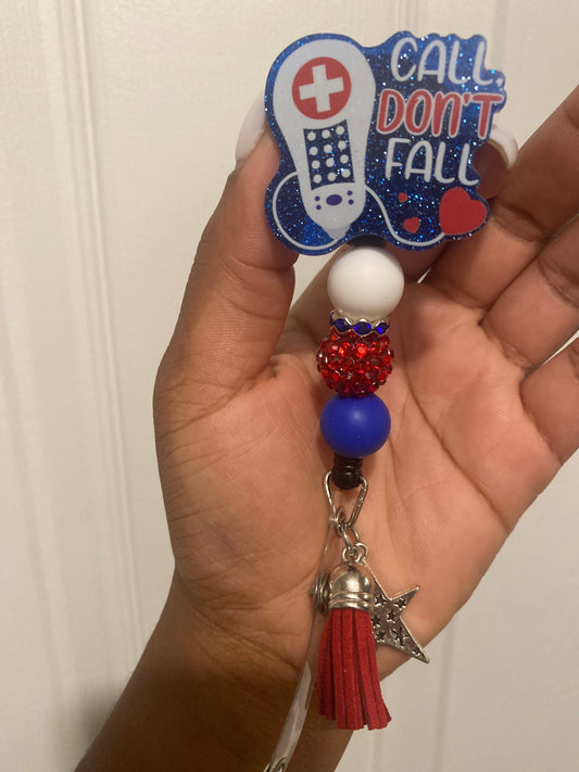 Don’t fall beaded badge reel