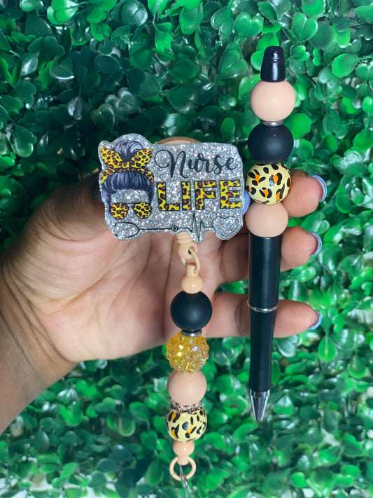 Nurse life animal print badge reel and beaded pen combo