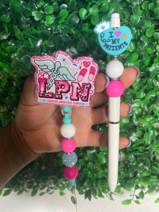 Lpn blue and pink beaded reel and pen set