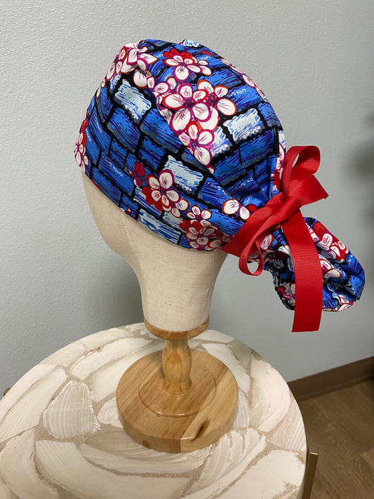 Red and navy floral tie up surgical scrub cap