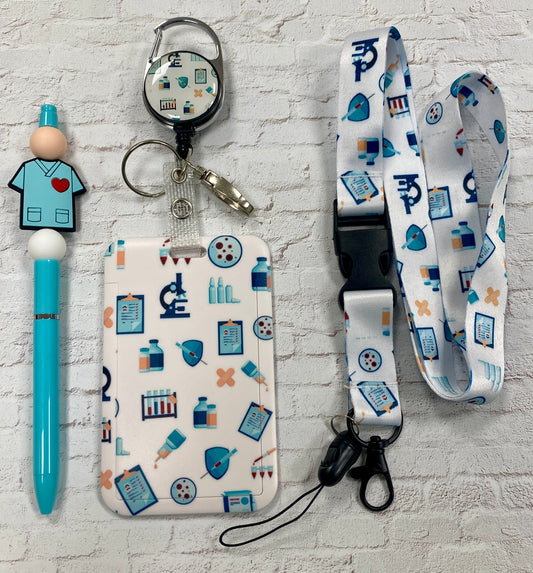 Turquoise blue & white medical themed badge buddy & pen