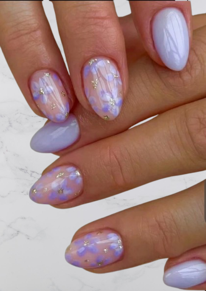 Purple and nude acrylic nails almond shape