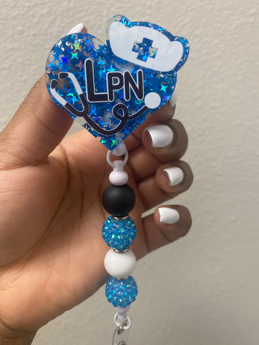 Blue and white lpn badge reel