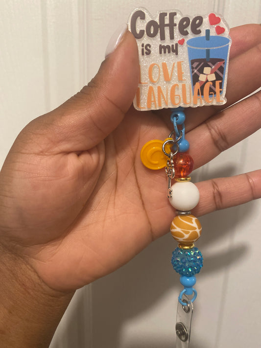 Coffee love language beaded badge reel