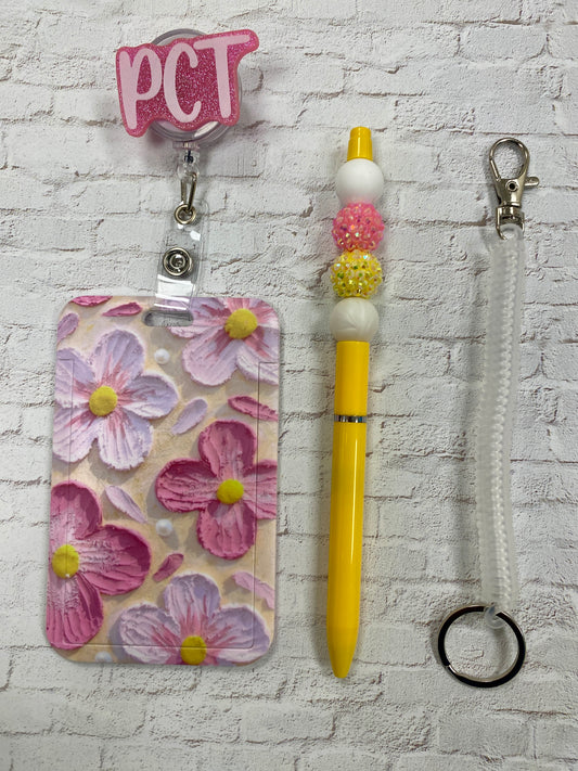 Yellow and pink PCT badge buddy/pen combo