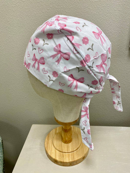 Pink and white bow surgical scrub cap