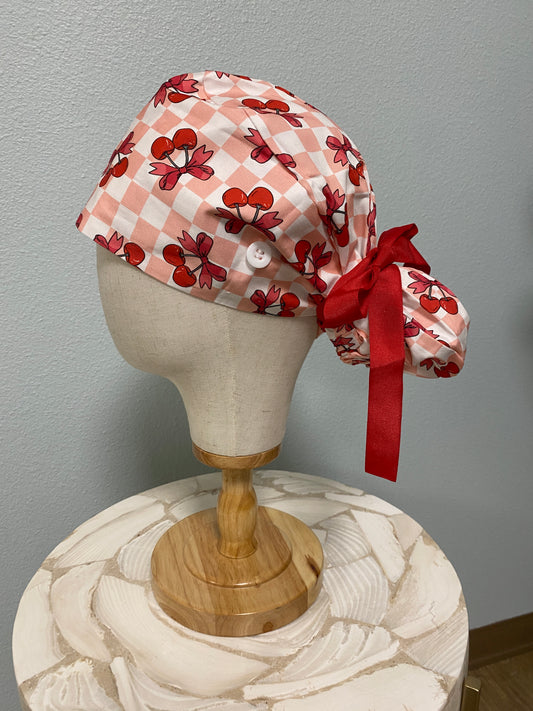 Red bow cherry tie up surgical scrub cap