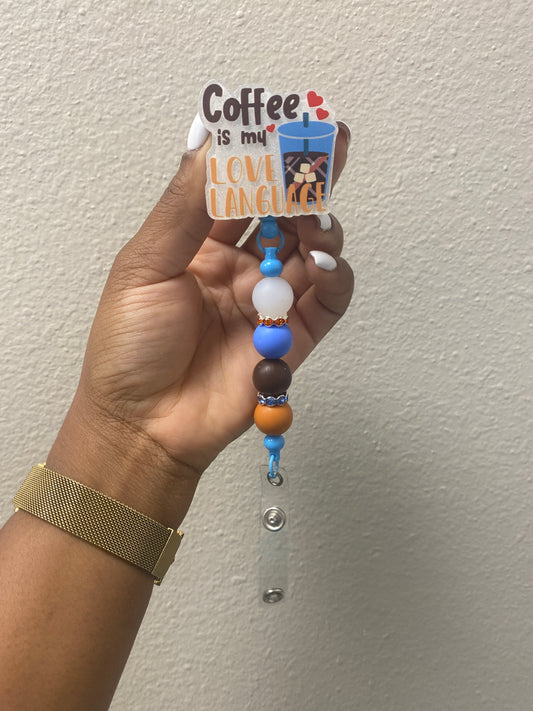 Coffee love language beaded badge reel
