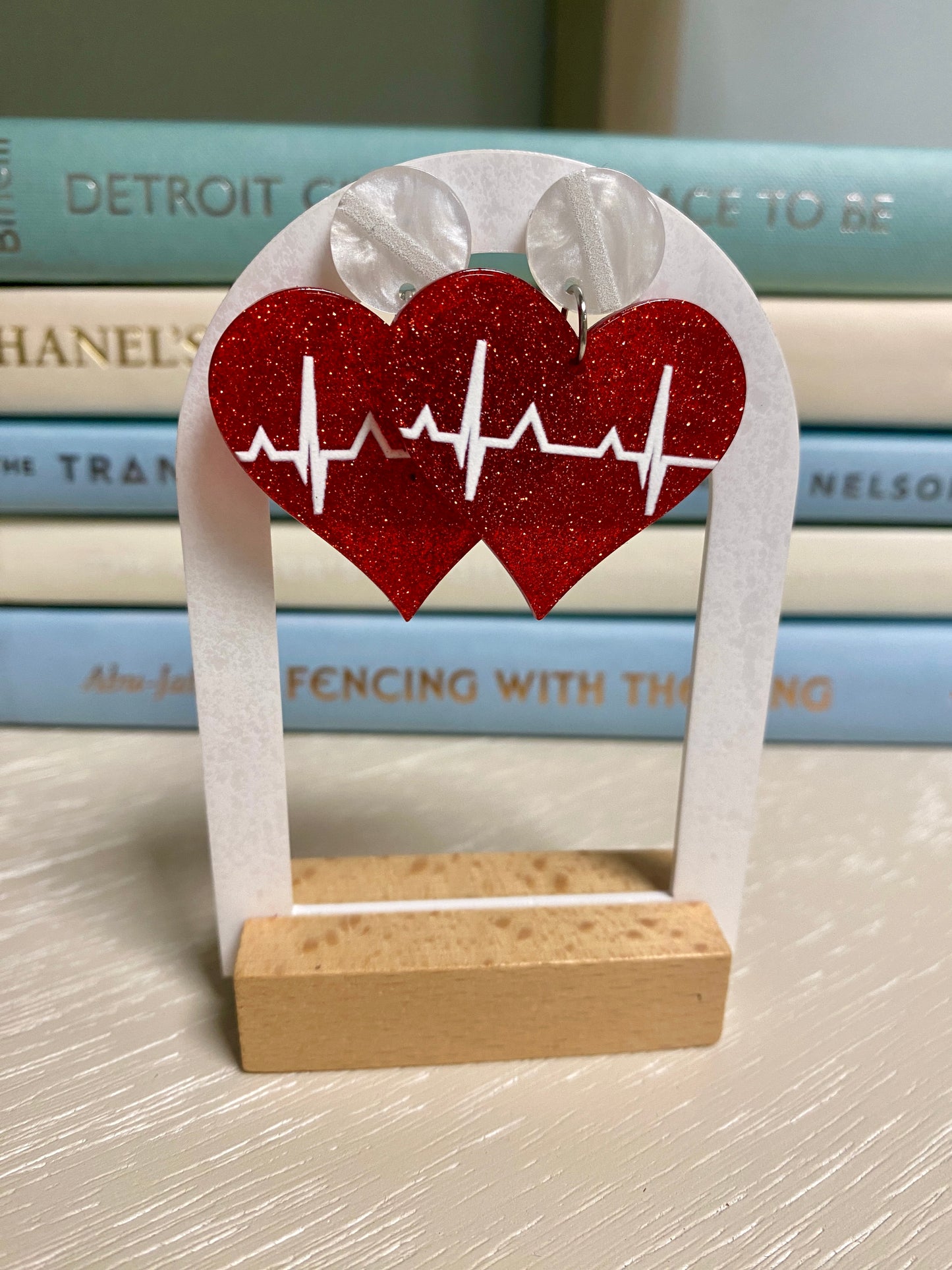 Red & white cardiac rhythm earring set