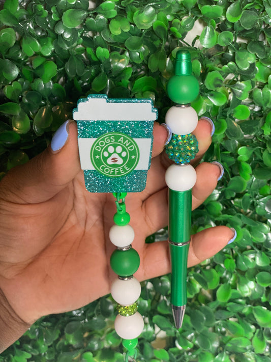 Green and white dogs and coffee theme badge reel combo set