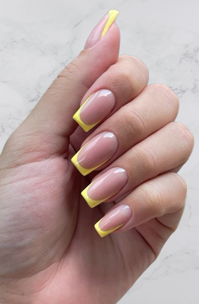 Yellow French coffin acrylic nails