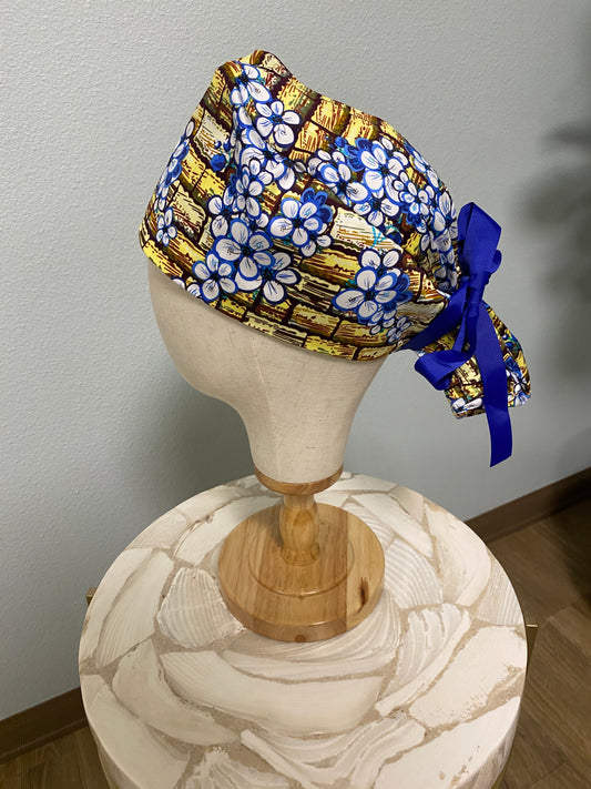 Gold and navy floral tie up surgical scrub cap