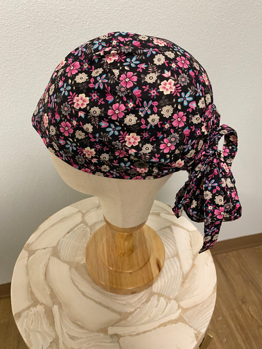 Pink and black floral tie up surgical scrub cap
