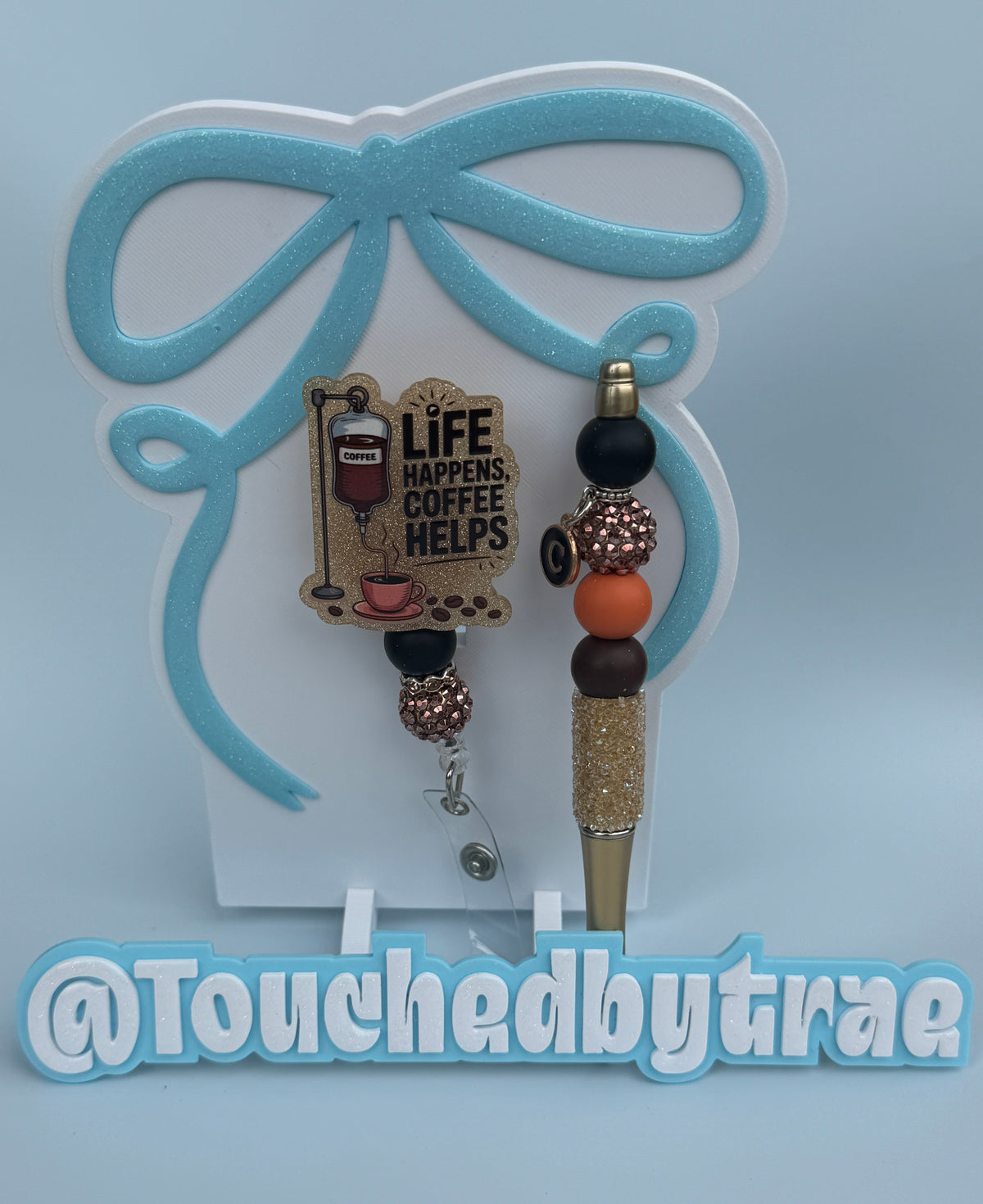 Coffee badge reel and pen